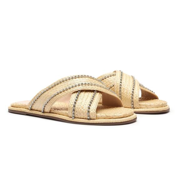 New! Schutz Carlotta Embroidered Straw Rhinestone Sandal Slides - Size 5 - Picture 2 of 12